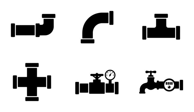 Industrial plumbing pipe icons set, black silhouette water pipeline fittings and valves, 6 vector elements for construction and engineering