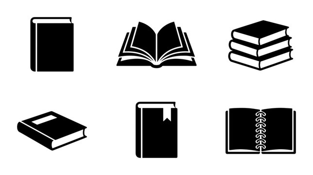 Minimalist book icon set, black and white library symbols, collection of 6 educational vector elements for reading and literature