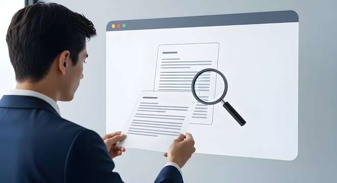Businessman analyzing digital resumes with a magnifying glass icon on a virtual screen interface.