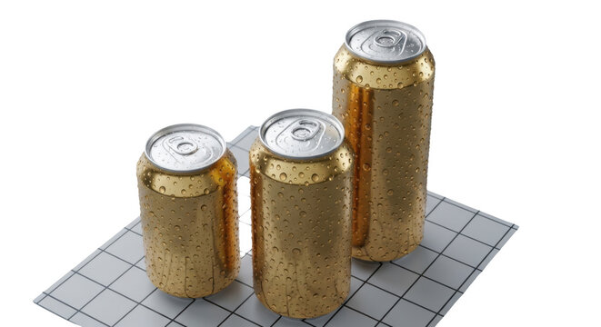 Three gold soda cans with water droplets on a grey grid surface isolated on transparent background
