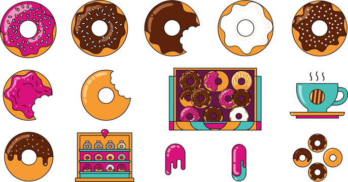 Colorful Glazed Doughnut and Coffee Dessert Vector Illustration Set Featuring Chocolate Sprinkles, Strawberry Frosting, Donut Box, and Hot Espresso for Bakery Menus