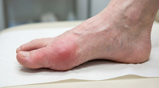 Close-up of a painful, swollen, red big toe joint, a classic symptom of gouty arthritis