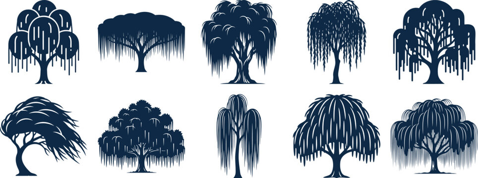 Collection of stylized willow tree icons with drooping branches in black and blue silhouette vector illustration