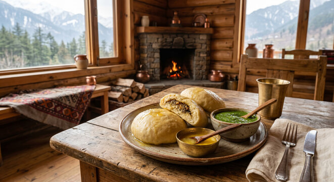 Steamed Himachali Siddu with Ghee and Mint Chutney. A traditional steamed wheat bread stuffed with walnuts and spices, a popular delicacy from the mountains of Himachal Pradesh.
