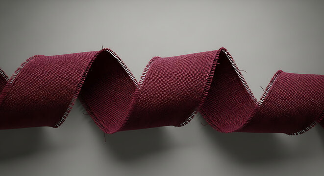 Wavy dark red fabric ribbon with stitched edges on a plain grey background, creating a decorative ribbon texture