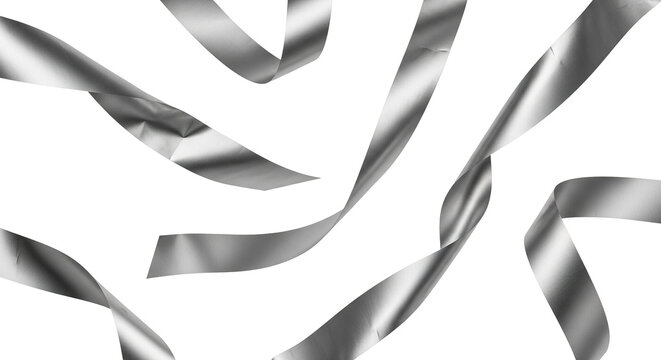 A collection of silver ribbons flowing in different directions, showcasing their shiny, metallic texture and smooth curves, set against a pure white background., Transparent PNG