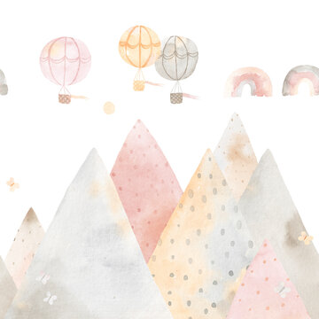 Travel, hot, air, balloon, over, mountains., Cute, watercolor, landscape., Horizontal, seamless, pattern.