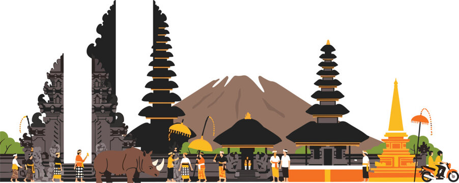 Bali Indonesia temple festival vector illustration with traditional Balinese people, pagoda, gates, mountain and cultural ceremony scene in flat style