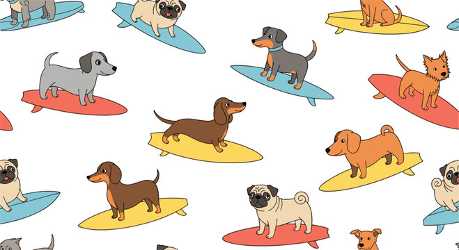 Cute dogs surfing vector pattern with different dog breeds riding surfboards in playful summer beach cartoon style illustration