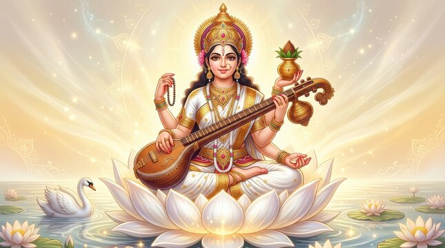 Hindu goddess Saraswati playing veena on a lotus flower with a swan nearby