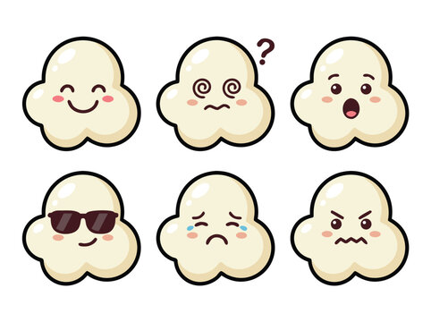 Cartoon Popcorn Emoticons Expressing Various Feelings and Reactions.