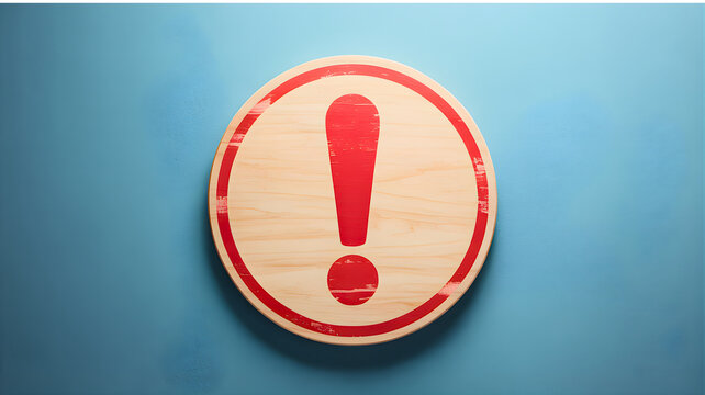A warning sign with a red exclamation mark on a wooden circle hangs on a blue wall