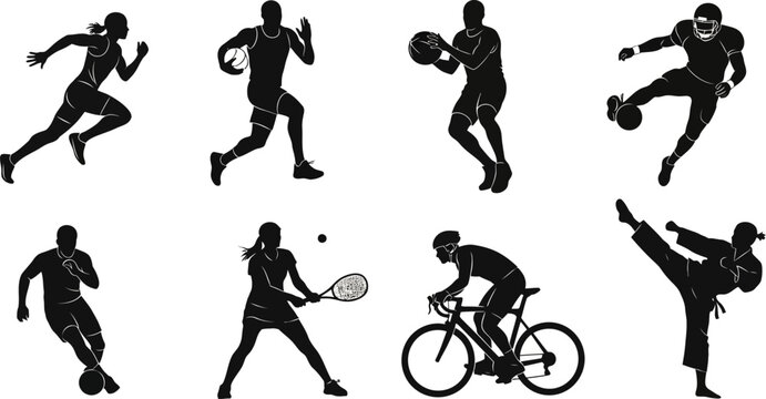 collection of sportspeople running cycling kicking ball playing tennis and basketball silhouettes