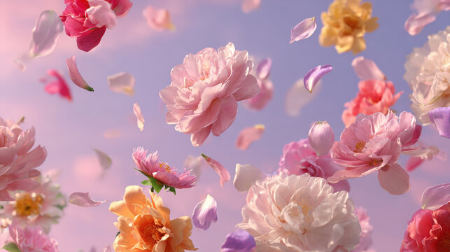 Dreamy Surreal Background of Floating Pink and Yellow Peony Flowers with Petals Drifting in a Soft Pastel Purple Sky Cinematic Artistic Floral Composition for Spring Celebrations and Romantic Design