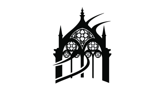 Cathedral silhouette features intricate gothic arches and ornate rose windows.