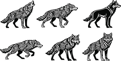 Set of tribal wolf silhouettes with decorative scrollwork patterns for mascot logos tattoos wilderness apparel and mystical wildlife graphic design elements isolated on white background © SHANJIDA