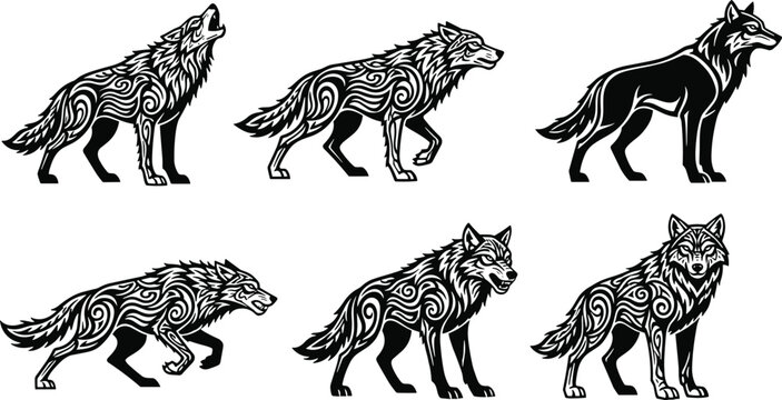 Set of tribal wolf silhouettes with decorative scrollwork patterns for mascot logos tattoos wilderness apparel and mystical wildlife graphic design elements isolated on white background