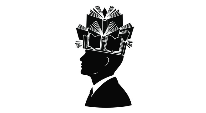 Businessman has open books floating above his head to signify deep intellectual growth.