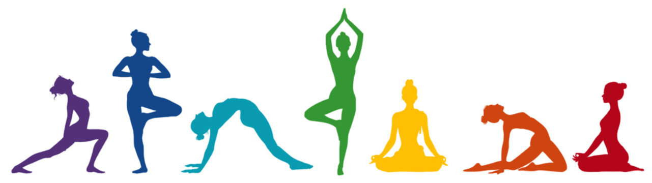 International Yoga Day vector Illustration - Set collection of silhouette of women in different yoga posture, isolated on transparent background