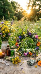Fototapeta premium Floral wreath, vibrant wildflower bouquet, natural herbal oil, burning candle, clear crystal, rustic wooden table, representing June 21 summer solstice Litha Midsummer ritual.