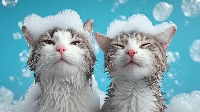 Two Wet Cats Covered in Soap Bubbles During Bath Time
