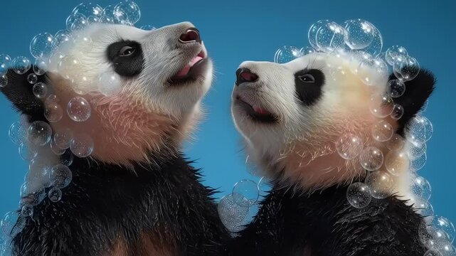 Adorable Baby Pandas Playing with Soap Bubbles on Blue Background