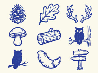 Collection of Forest Elements Pine Cone Leaf Antlers Mushroom Log Owls Tail Sign. © Delta