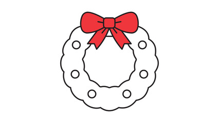 Naklejka premium Minimalist Christmas wreath vector icon with red bow, hand-drawn black line art illustration. Scalable graphic for holiday design with editable stroke for customizable line weight and style.