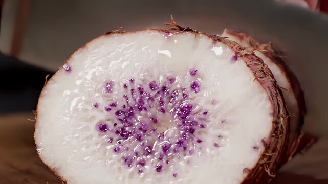 Closeup of a person slicing a taro root on a wooden cutting board 1.
