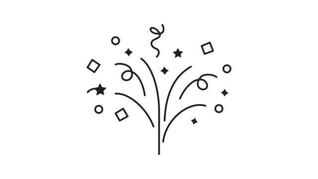 Minimalist Confetti Burst and Party Popper Celebration Vector Icon with Editable Stroke. Clean Black Line Art Illustration of Festive Fireworks, Stars, and Streamers for Events and Holidays.