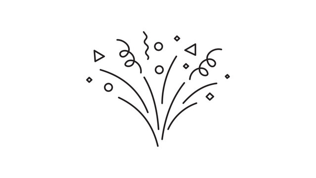 Confetti Burst Minimalist Black Line Vector Icon on White Background. Hand-Drawn Style Celebration Explosion with Streamers and Geometric Shapes. Editable Stroke for Custom Line Weight Design.