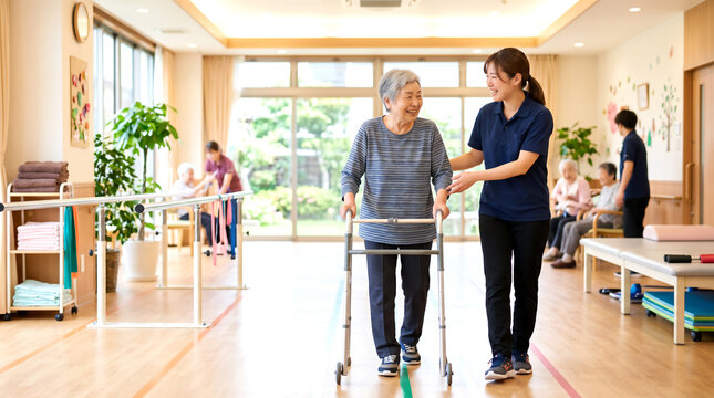 介護施設で歩行訓練を支えるスタッフ