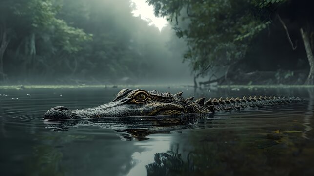 Majestic Crocodile in Dark Swamp Water with Atmospheric Lighting