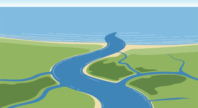 Flat Vector Illustration of a River Delta Flowing into the Sea with Green Meadows and Sandy Beach