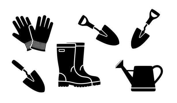 Gardening tools black silhouette icon vector set for logo branding with gloves boots and planting equipment