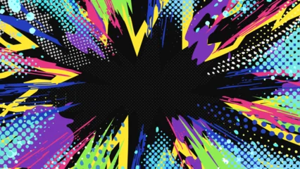 Fotobehang Pop Art グラフィティ風のカラフルでポップな爆発の背景イラスト_16:9  © ふわぷか