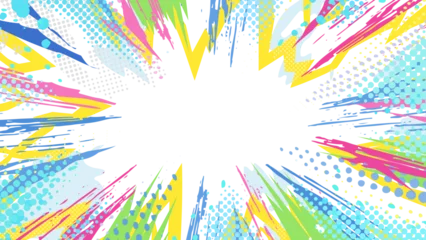Fotobehang Pop Art グラフィティ風のカラフルでポップな爆発の背景イラスト_白背景_16:9  © ふわぷか