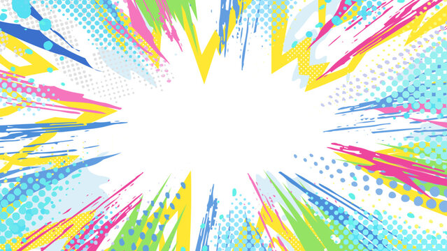 グラフィティ風のカラフルでポップな爆発の背景イラスト_白背景_16:9