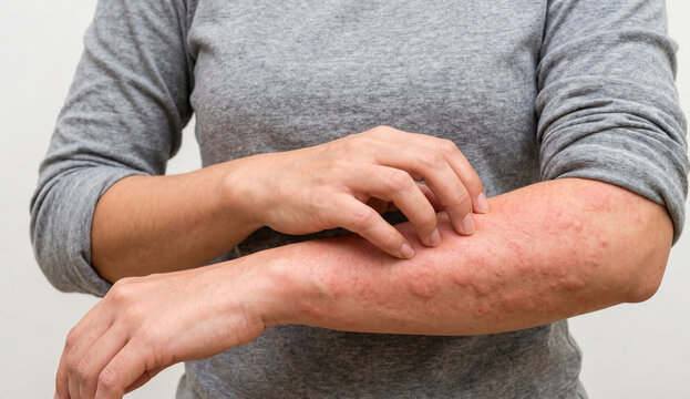 Close up scratching an itchy skin rash and severe hives on hand during an allergic reaction.