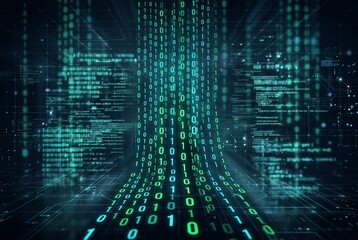 Obraz premium Digital binary code falling in green lines over a dark technology background with server data.