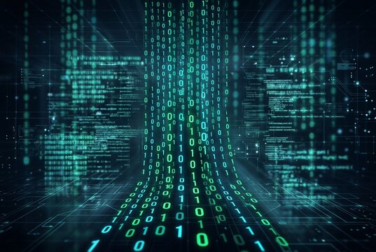 Digital binary code falling in green lines over a dark technology background with server data.