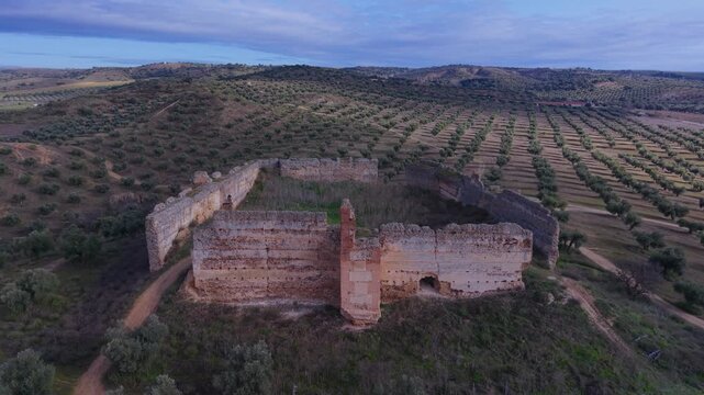 Aerial drone view of the landscape at Villalba Castle in the town of Cebolla, Toledo Province, Castile-La Mancha, Spain, Europe