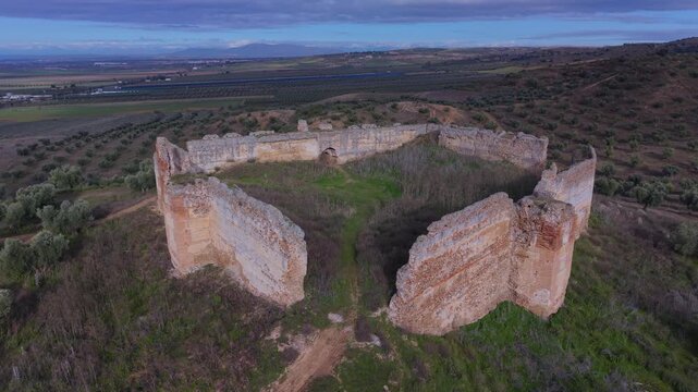 Aerial drone view of the landscape at Villalba Castle in the town of Cebolla, Toledo Province, Castile-La Mancha, Spain, Europe