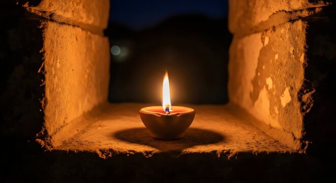 Sacred Christian artwork depicting clay oil lamp shining with golden flame symbolizing faith and devotion