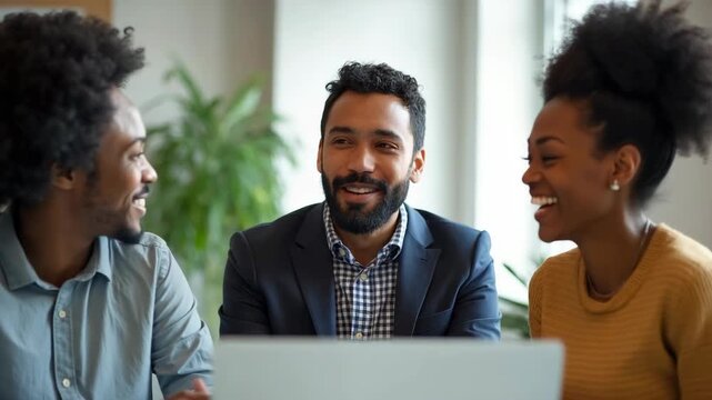 Group of multicultural colleagues having a collaborative meeting at a modern workspace, discussing project ideas and teamwork strategies, promoting professional communication.