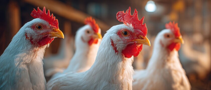 The Chickens Gathered in a Warm Barn Interior Close-Up Portrait of White Hens