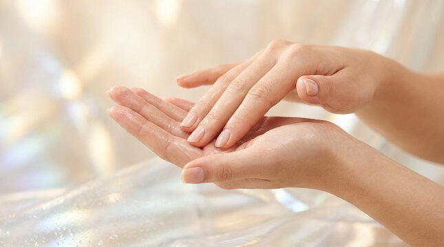 ゴールドの抽象背景で手のひらを保湿する女性の手