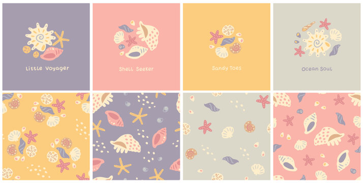 Nautical collection with aesthetic prints and seamless patterns. Hand drawn sea shells and starfish in trendy sun bleached pastel palette. Vector graphics for kids swimwear t shirts and nursery decor.