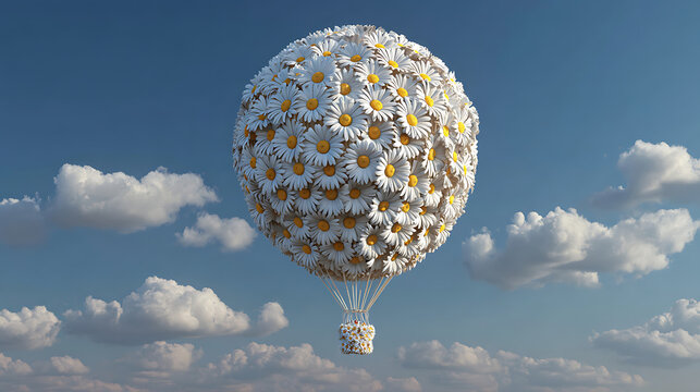 A large hot air balloon made of white daisies with yellow centers floats gently in a blue sky with fluffy white clouds