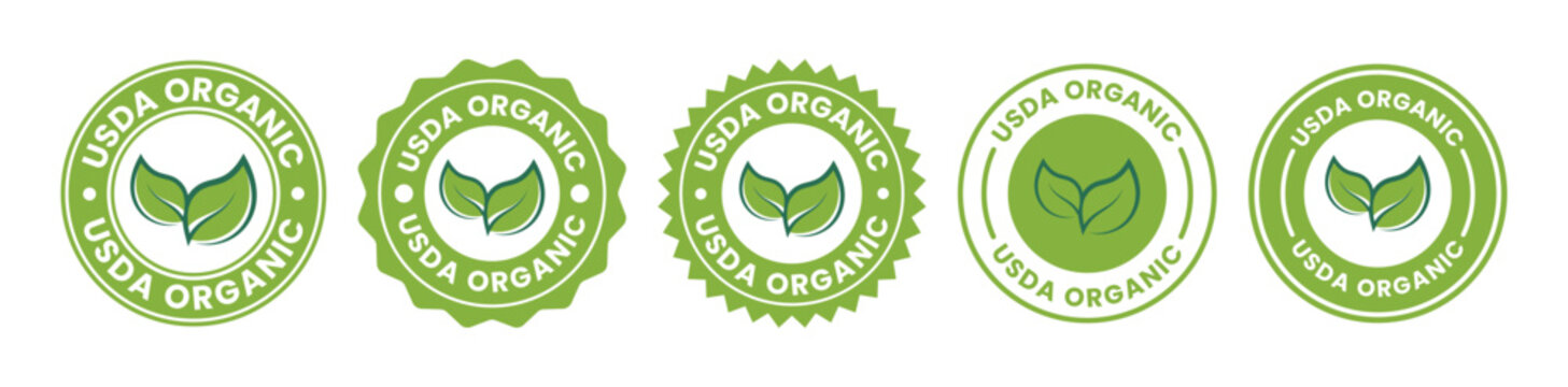 A collection of five usda organic certification seals all featuring green coloration and leaf imagery high quality professional detailed modern elegant stylish clean
